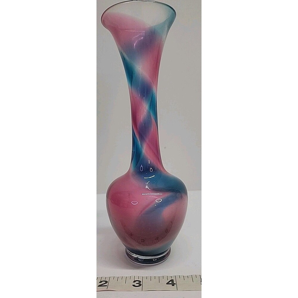 Lefton Art Glass Hand Blown Blue & Red Swirl Bud Vase‎ 8"